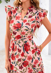 Summer Floral Cap Sleeve V Neck Ruffle Long Flowy Boho Casual Beach Vacation Midi Dress