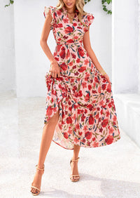 Summer Floral Cap Sleeve V Neck Ruffle Long Flowy Boho Casual Beach Vacation Midi Dress