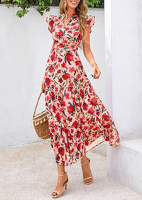 Summer Floral Cap Sleeve V Neck Ruffle Long Flowy Boho Casual Beach Vacation Midi Dress