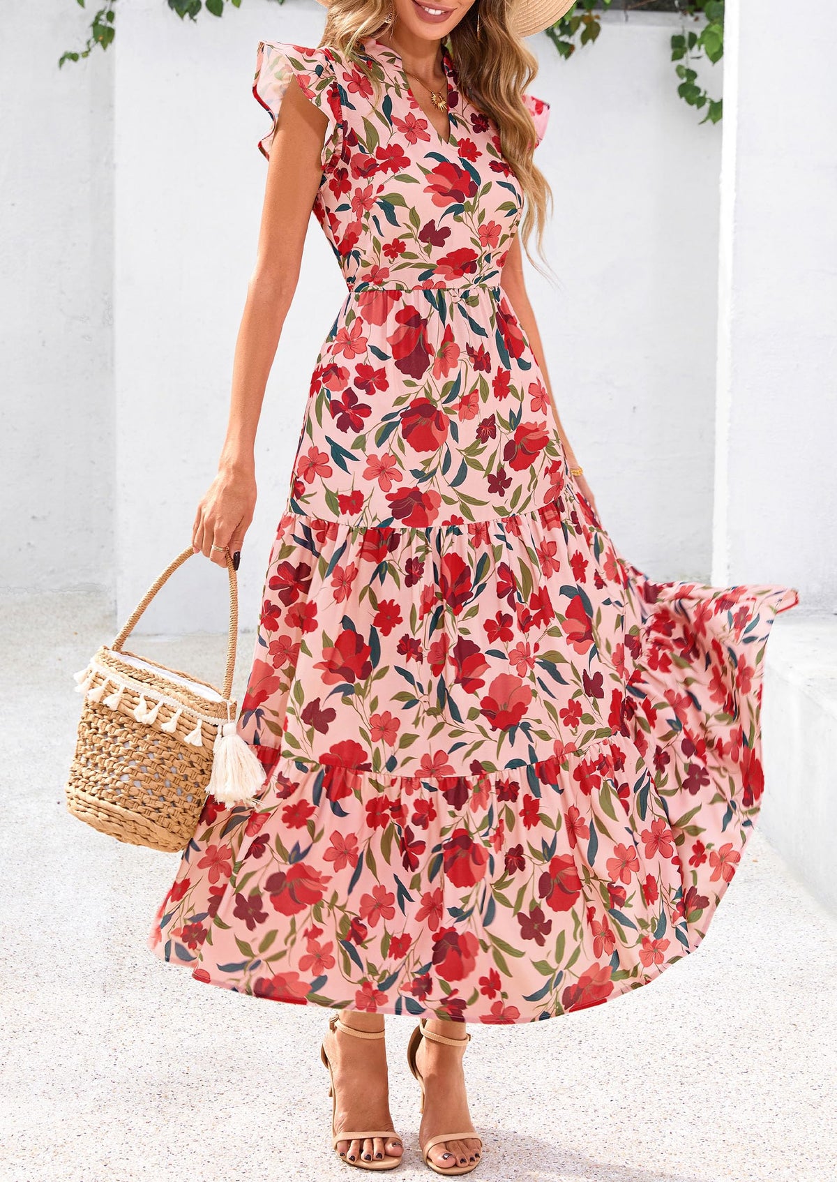 Summer Floral Cap Sleeve V Neck Ruffle Long Flowy Boho Casual Beach Vacation Midi Dress