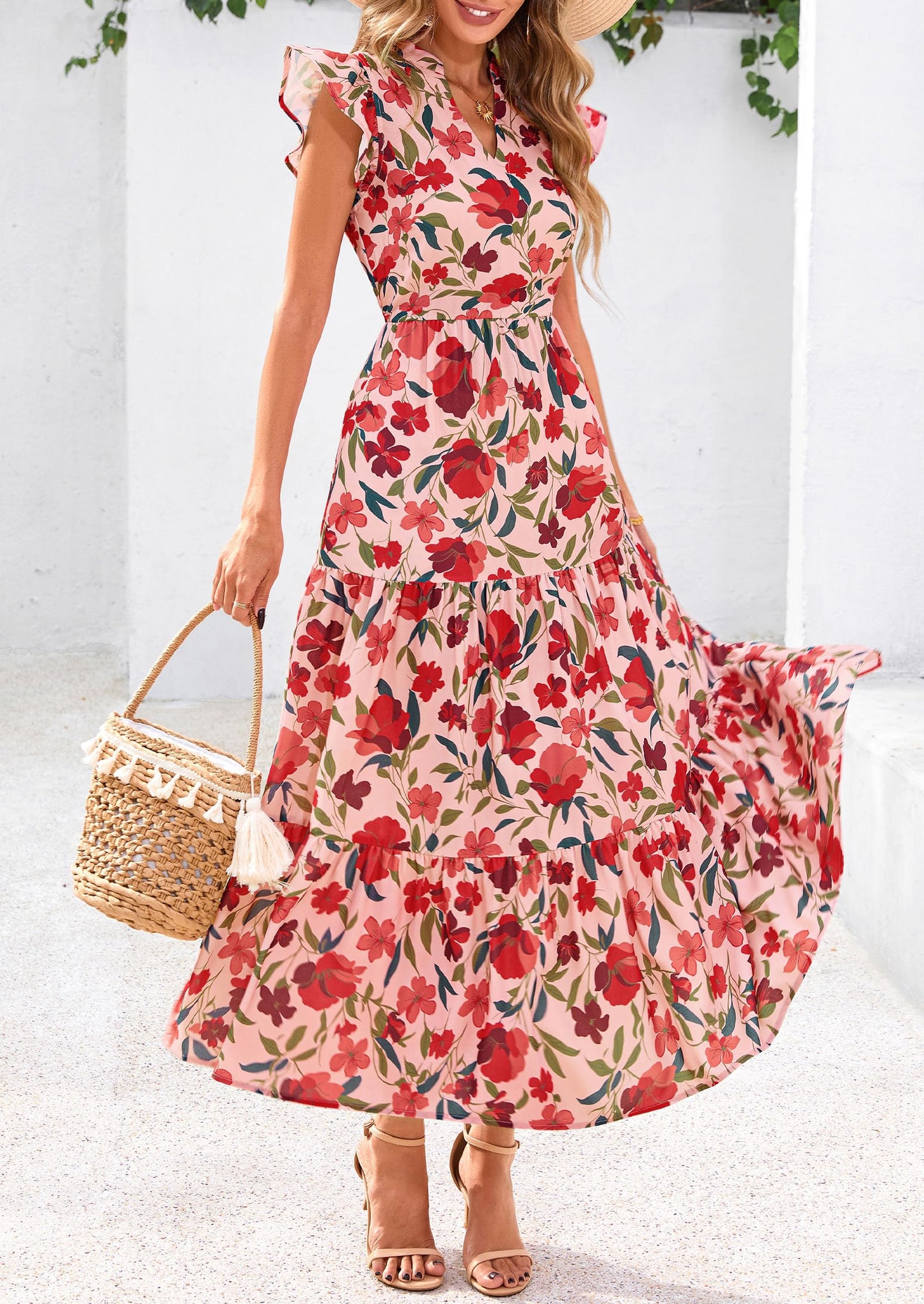 Women's 2025 Summer Floral Midi Dress Cap Sleeve V Neck Ruffle Long Flowy Boho Casual Beach Vacation Dresses