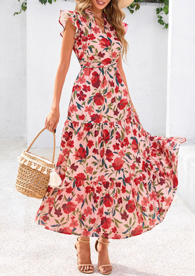 PRETTYGARDEN Women's Summer Floral Midi Dress Cap Sleeve V Neck Ruffle Long Flowy Boho Casual Beach Vacation Dresses