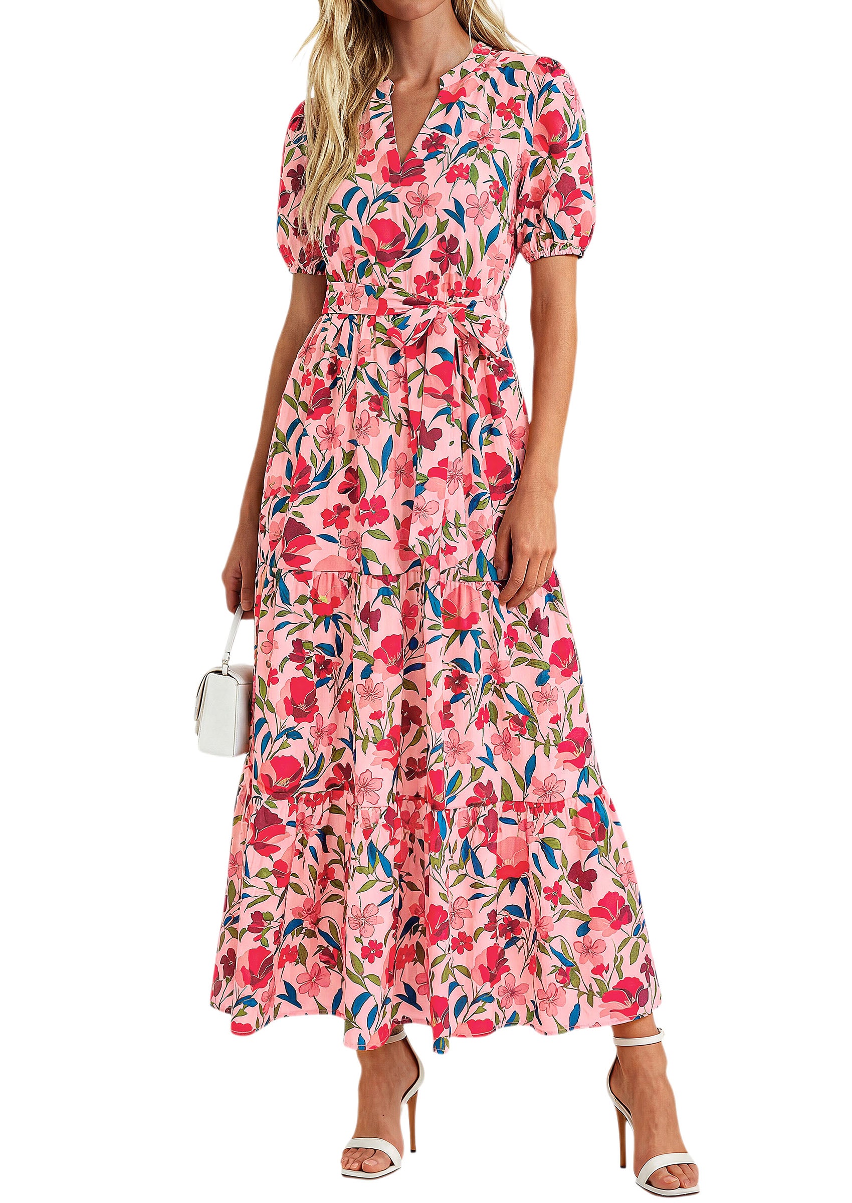 PRETTYGARDEN Women's Summer Maxi Dresses Boho Floral Short Sleeve V Neck Casual Wedding Guest 2026 Beach Vacation Outfits