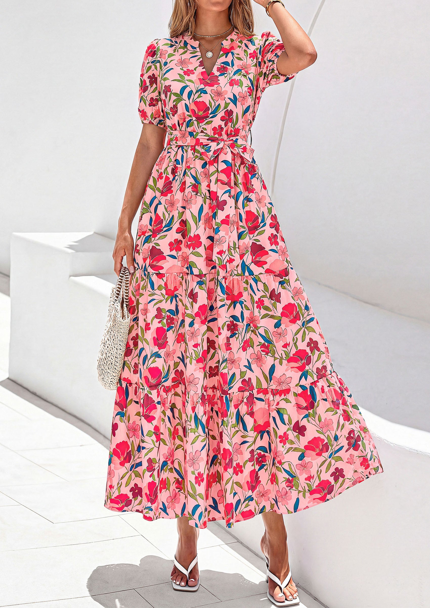 PRETTYGARDEN Women's Summer Maxi Dresses Boho Floral Short Sleeve V Neck Casual Wedding Guest 2026 Beach Vacation Outfits