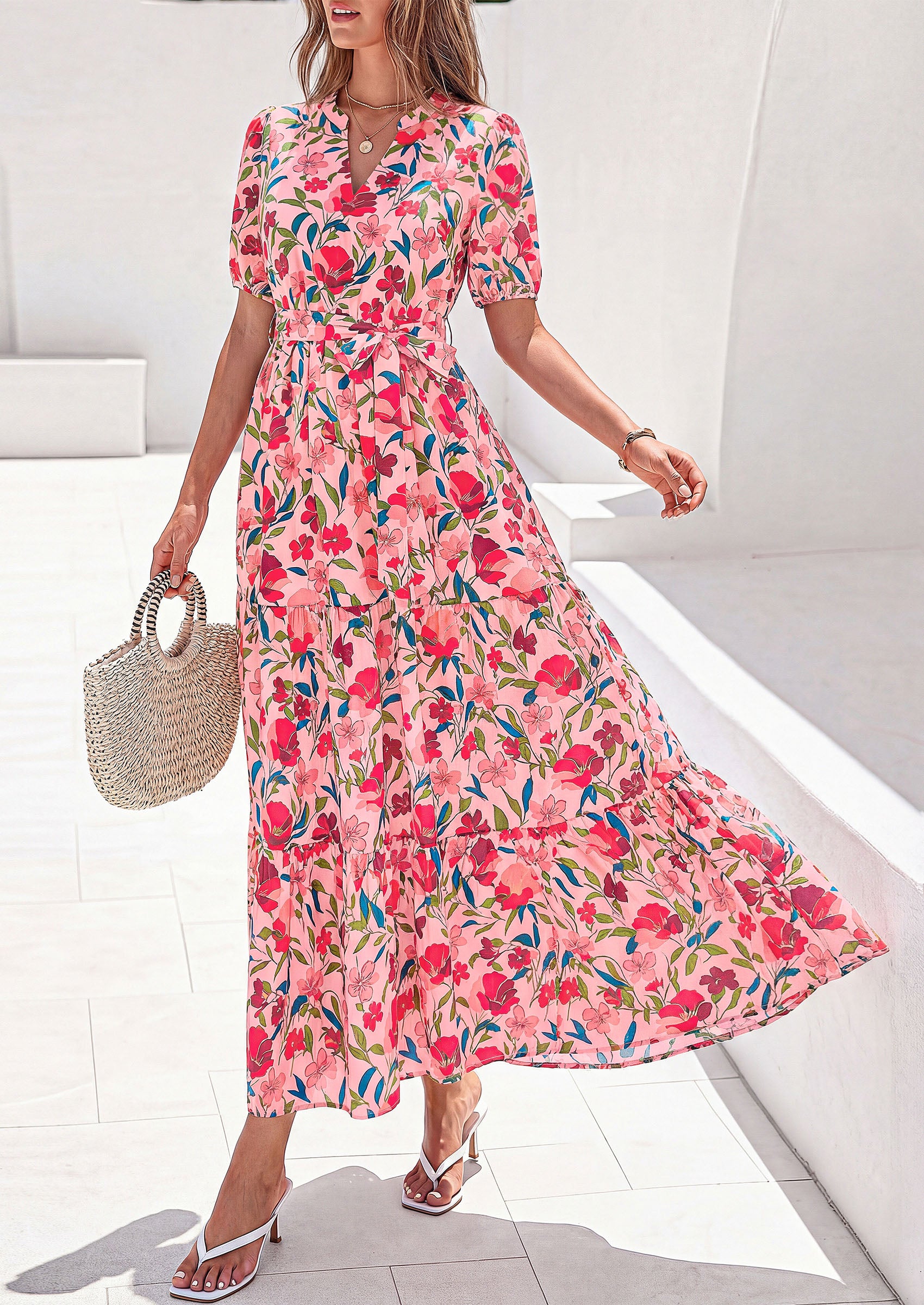 PRETTYGARDEN Women's Summer Maxi Dresses Boho Floral Short Sleeve V Neck Casual Wedding Guest 2026 Beach Vacation Outfits