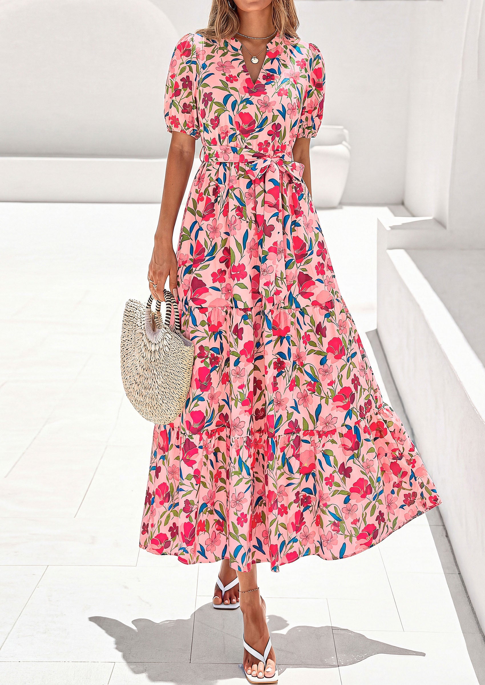 PRETTYGARDEN Women's Summer Maxi Dresses Boho Floral Short Sleeve V Neck Casual Wedding Guest 2026 Beach Vacation Outfits