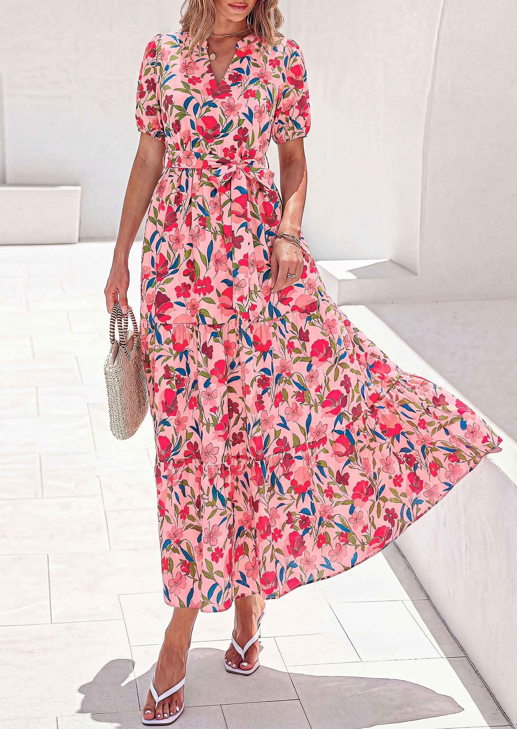 PRETTYGARDEN Women's Summer Maxi Dresses Boho Floral Short Sleeve V Neck Casual Wedding Guest 2026 Beach Vacation Outfits