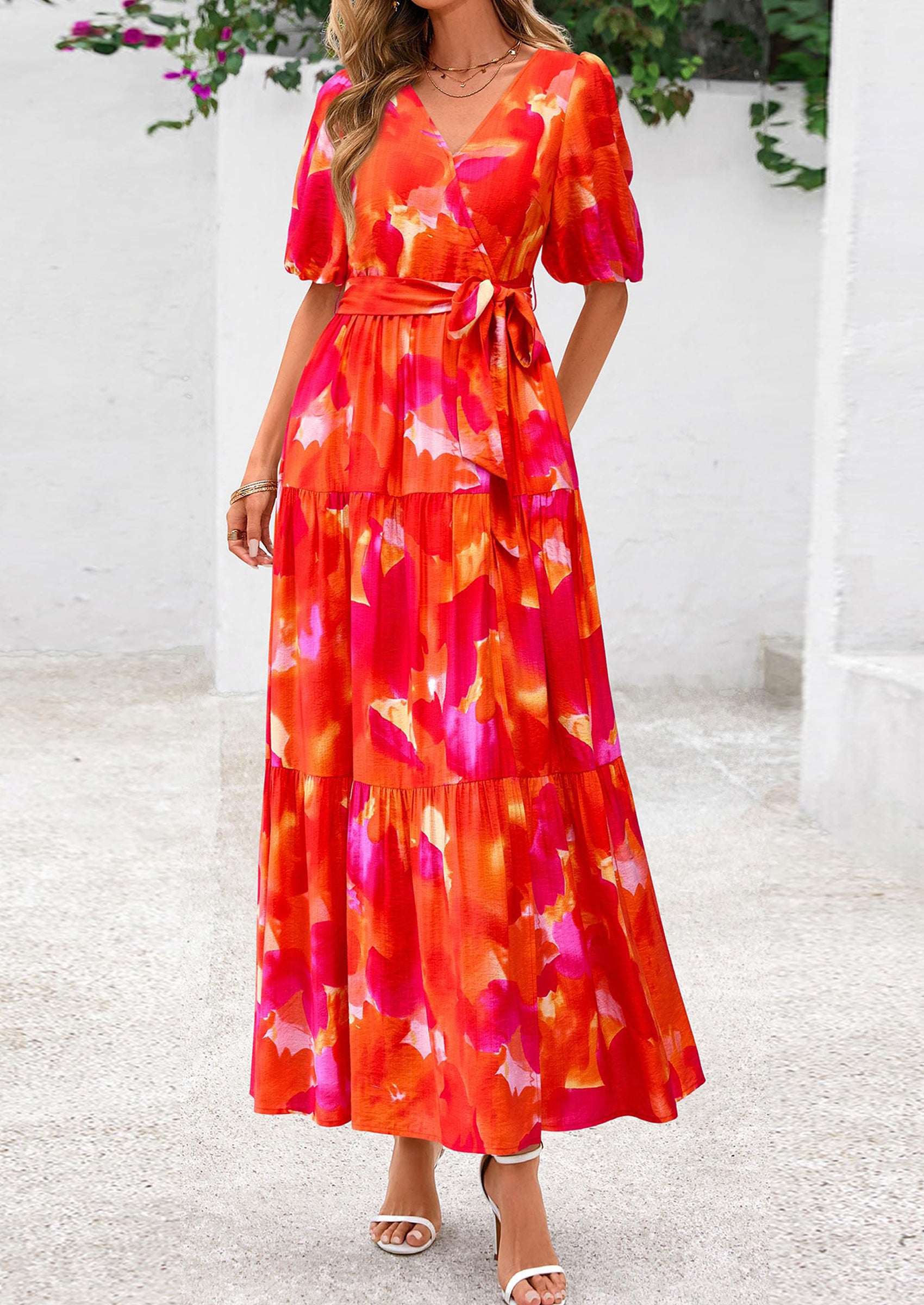 PRETTYGARDEN Women's Maxi Dress Resort Wear Boho Floral V Neck Puff Short Sleeve Ruffle Flowy Beach Long Dresses