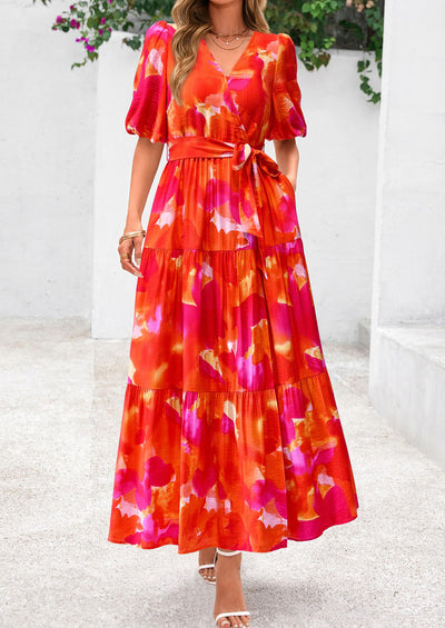 PRETTYGARDEN Women's Maxi Dress Resort Wear Boho Floral V Neck Puff Short Sleeve Ruffle Flowy Beach Long Dresses