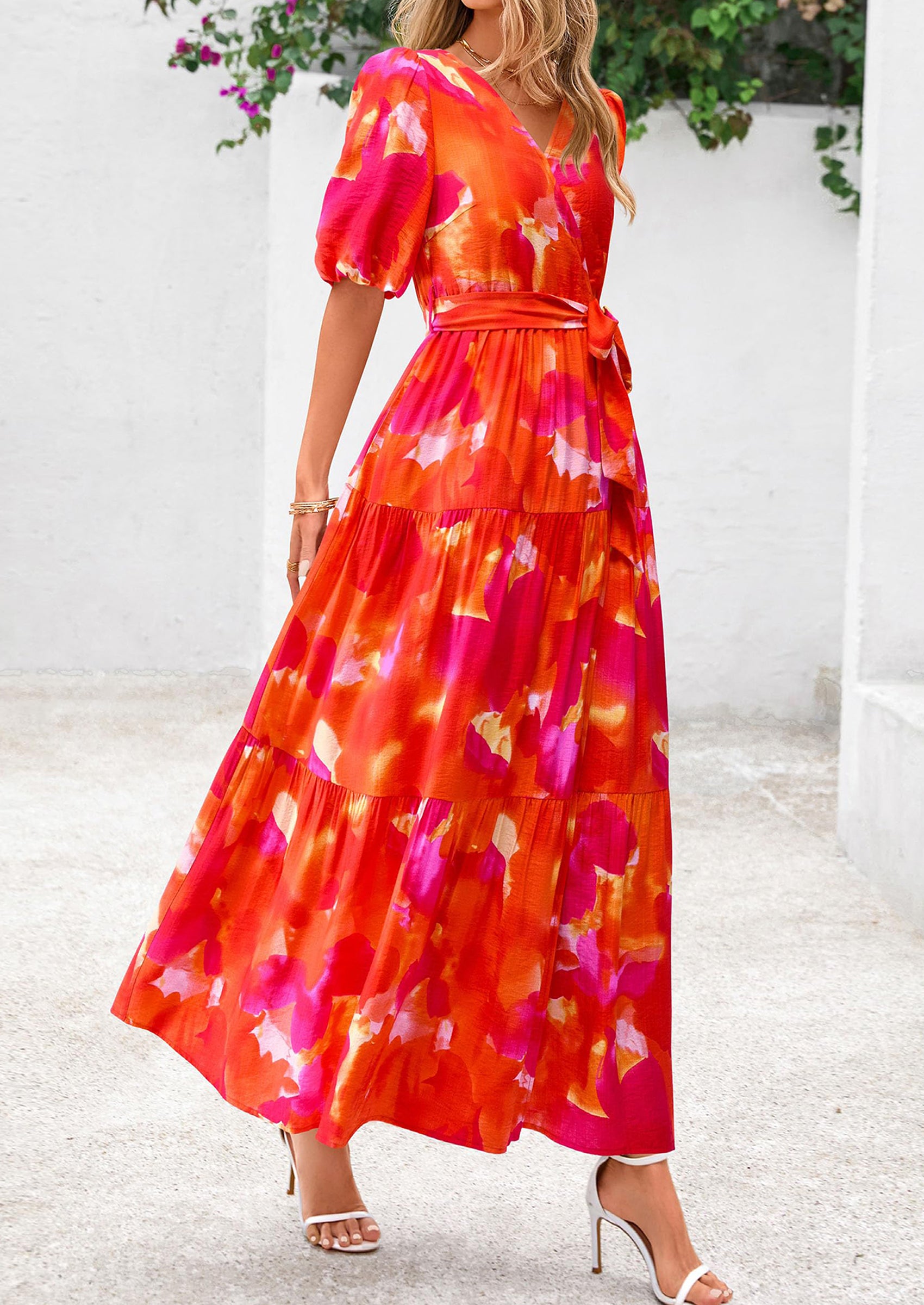 PRETTYGARDEN Women's Maxi Dress Resort Wear Boho Floral V Neck Puff Short Sleeve Ruffle Flowy Beach Long Dresses