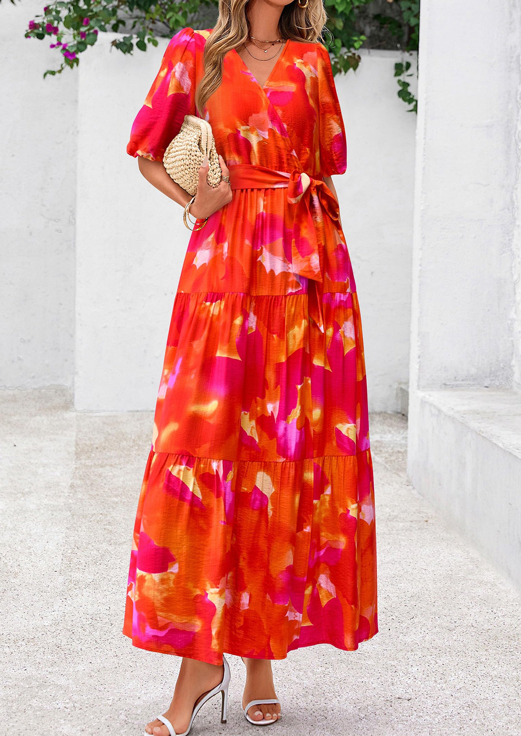 PRETTYGARDEN Women's Maxi Dress Resort Wear Boho Floral V Neck Puff Short Sleeve Ruffle Flowy Beach Long Dresses