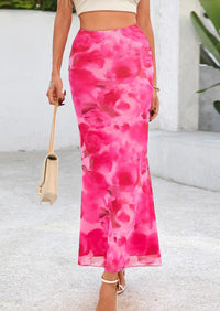 PRETTYGARDEN Women's Floral Print Mesh Long Skirt High Waisted Bodycon Fishtail Flowy Summer Maxi Skirts for Women Trendy
