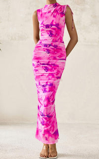 PRETTYGARDEN Women's Summer Maxi Floral Dresses Ruched Bodycon Sleeveless Mesh Formal Wedding Guest Cocktail Split Long Dress PRETTYGARDEN