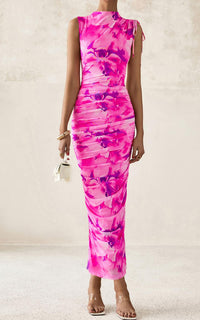 PRETTYGARDEN Women's Summer Maxi Floral Dresses Ruched Bodycon Sleeveless Mesh Formal Wedding Guest Cocktail Split Long Dress PRETTYGARDEN