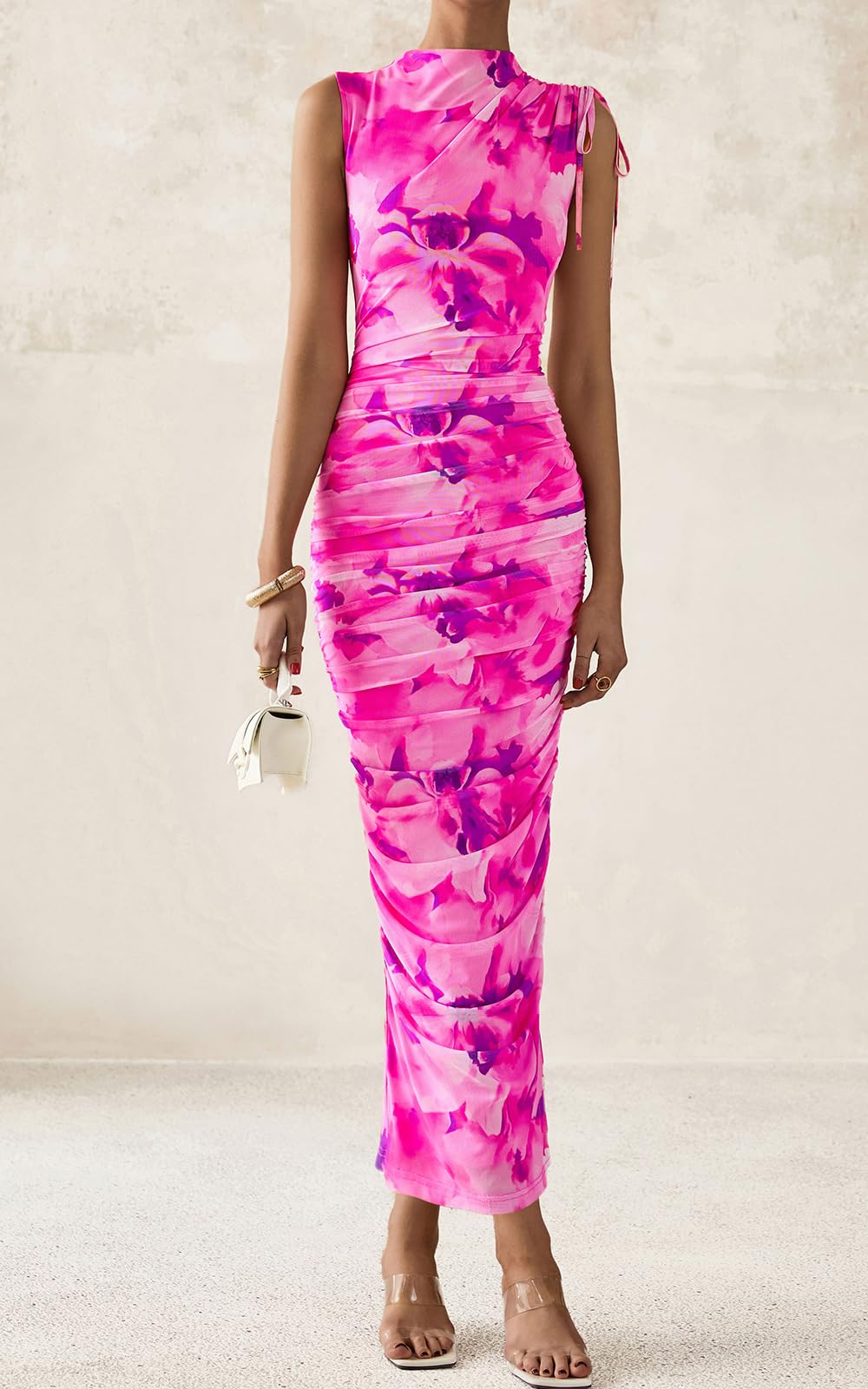 PRETTYGARDEN Women's Summer Maxi Floral Dresses Ruched Bodycon Sleeveless Mesh Formal Wedding Guest Cocktail Split Long Dress PRETTYGARDEN