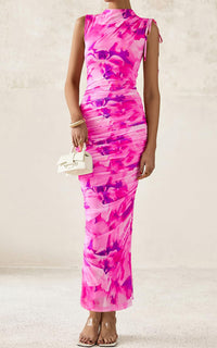 PRETTYGARDEN Women's Summer Maxi Floral Dresses Ruched Bodycon Sleeveless Mesh Formal Wedding Guest Cocktail Split Long Dress PRETTYGARDEN