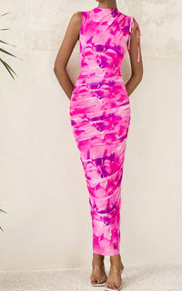 PRETTYGARDEN Women's Summer Maxi Floral Dresses Ruched Bodycon Sleeveless Mesh Formal Wedding Guest Cocktail Split Long Dress PRETTYGARDEN