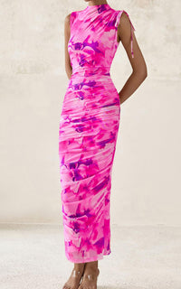 PRETTYGARDEN Women's Summer Maxi Floral Dresses Ruched Bodycon Sleeveless Mesh Formal Wedding Guest Cocktail Split Long Dress PRETTYGARDEN