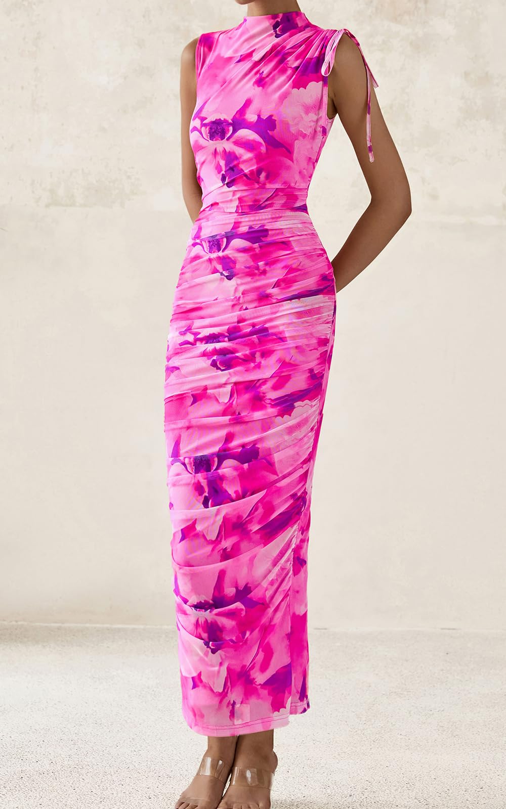 PRETTYGARDEN Women's Summer Maxi Floral Dresses Ruched Bodycon Sleeveless Mesh Formal Wedding Guest Cocktail Split Long Dress PRETTYGARDEN