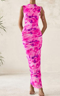 PRETTYGARDEN Women's Summer Maxi Floral Dresses Ruched Bodycon Sleeveless Mesh Formal Wedding Guest Cocktail Split Long Dress PRETTYGARDEN