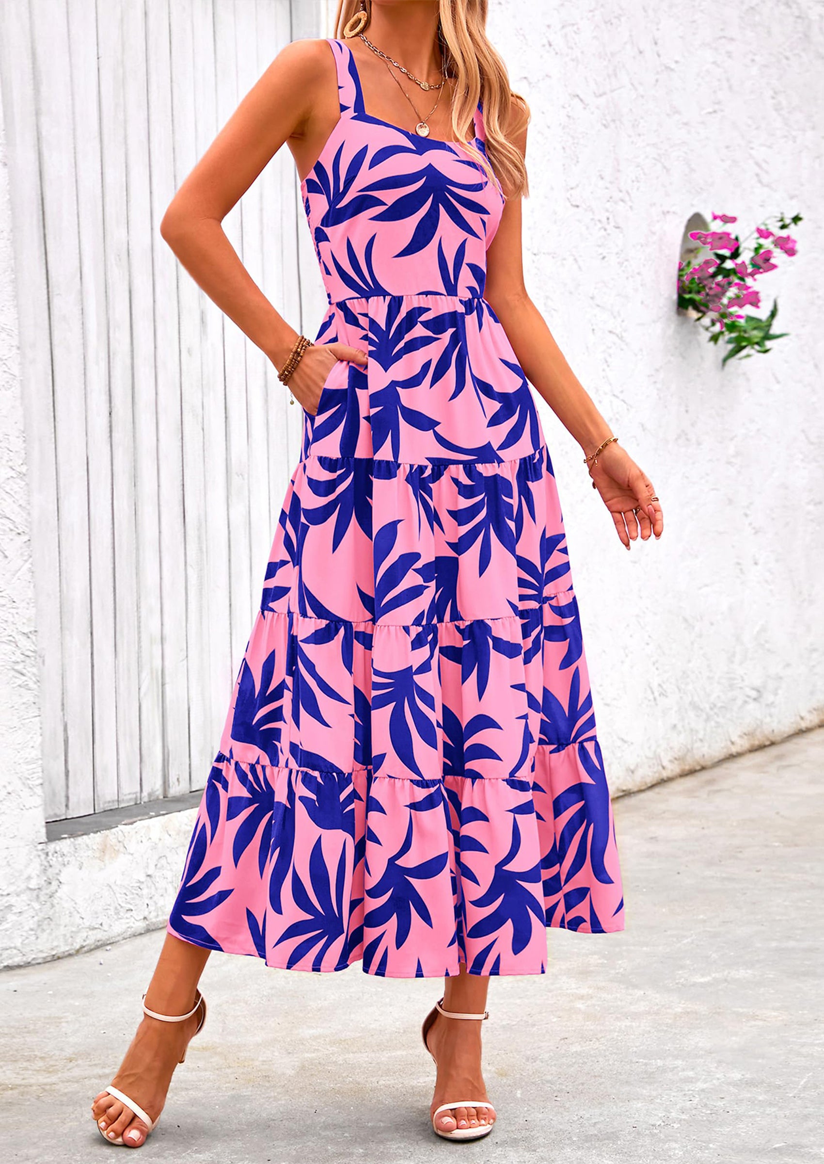 PRETTYGARDEN Women's Summer Floral Maxi Dress Sleeveless Smocked Ruffle Long Flowy Beach Vacation Boho Sundresses