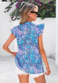 PRETTYGARDEN Women Button Down Boho Shirts Floral Ruffle Cap Sleeve Mock Neck Flowy Casual Summer Blouses Tops