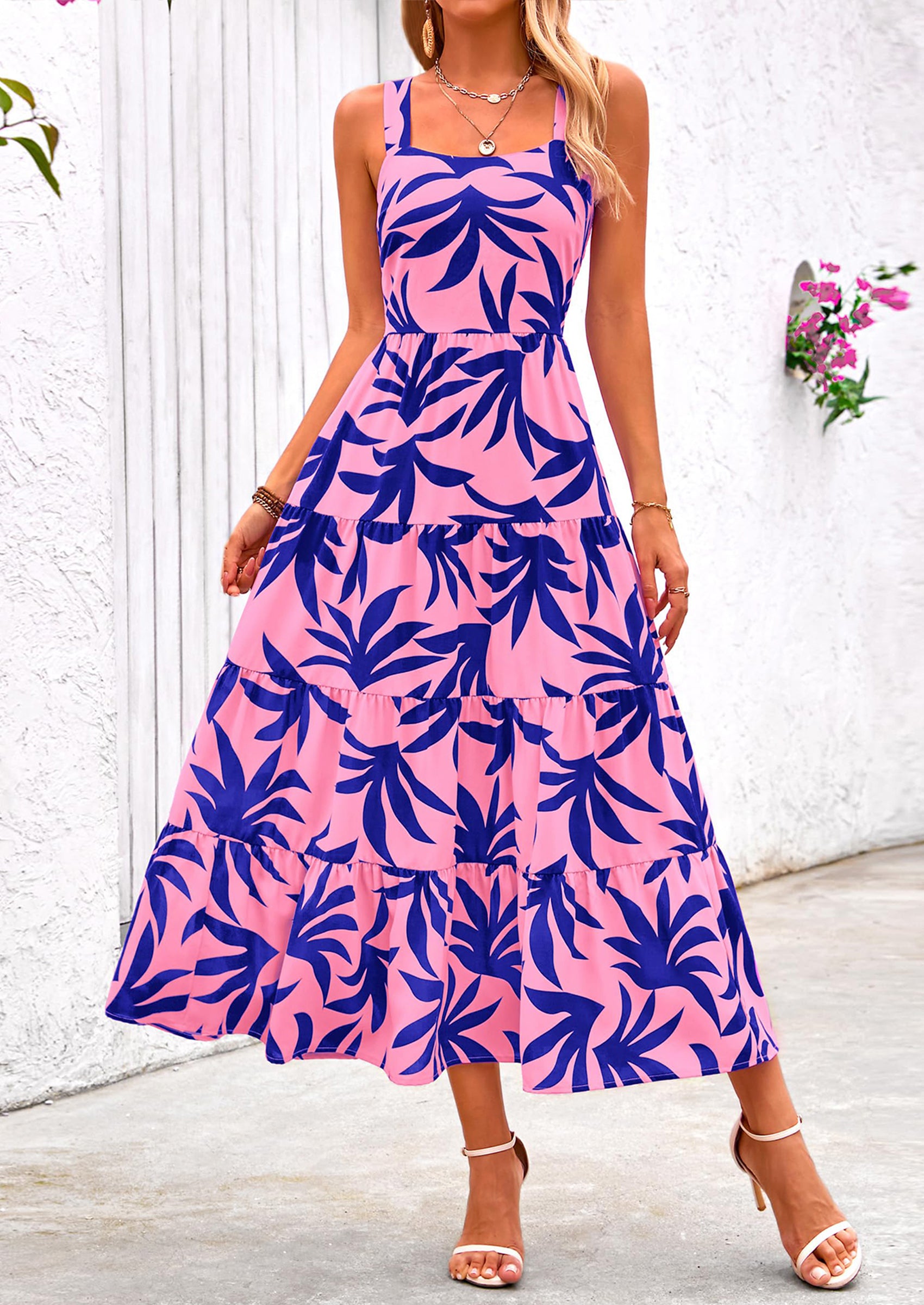 PRETTYGARDEN Women's Summer Floral Maxi Dress Sleeveless Smocked Ruffle Long Flowy Beach Vacation Boho Sundresses