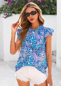 PRETTYGARDEN Women Button Down Boho Shirts Floral Ruffle Cap Sleeve Mock Neck Flowy Casual Summer Blouses Tops