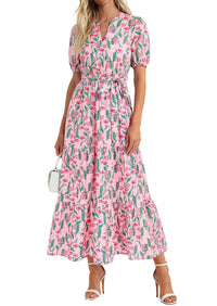 PRETTYGARDEN Women's Summer Maxi Dresses Boho Floral Short Sleeve V Neck Casual Wedding Guest 2026 Beach Vacation Outfits
