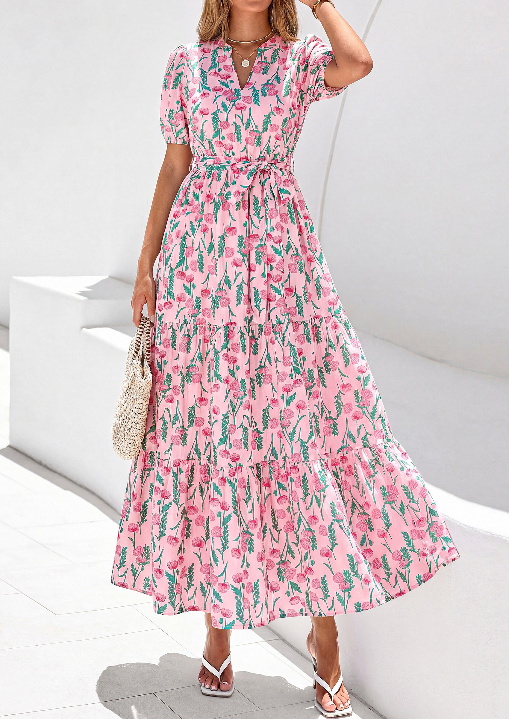 PRETTYGARDEN Women's Summer Maxi Dresses Boho Floral Short Sleeve V Neck Casual Wedding Guest 2026 Beach Vacation Outfits