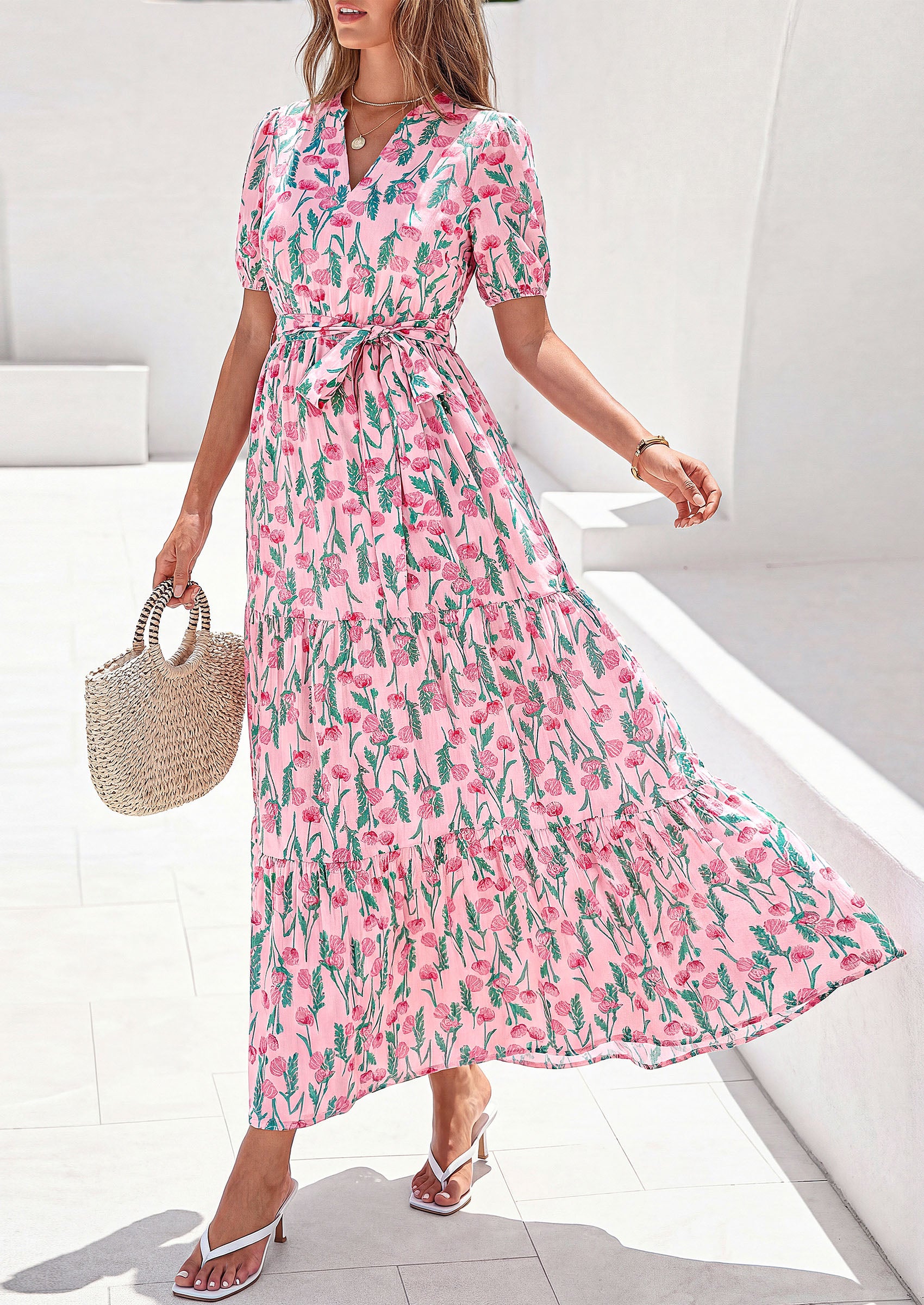 PRETTYGARDEN Women's Summer Maxi Dresses Boho Floral Short Sleeve V Neck Casual Wedding Guest 2026 Beach Vacation Outfits