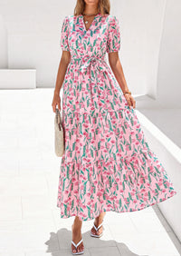 PRETTYGARDEN Women's Summer Maxi Dresses Boho Floral Short Sleeve V Neck Casual Wedding Guest 2026 Beach Vacation Outfits