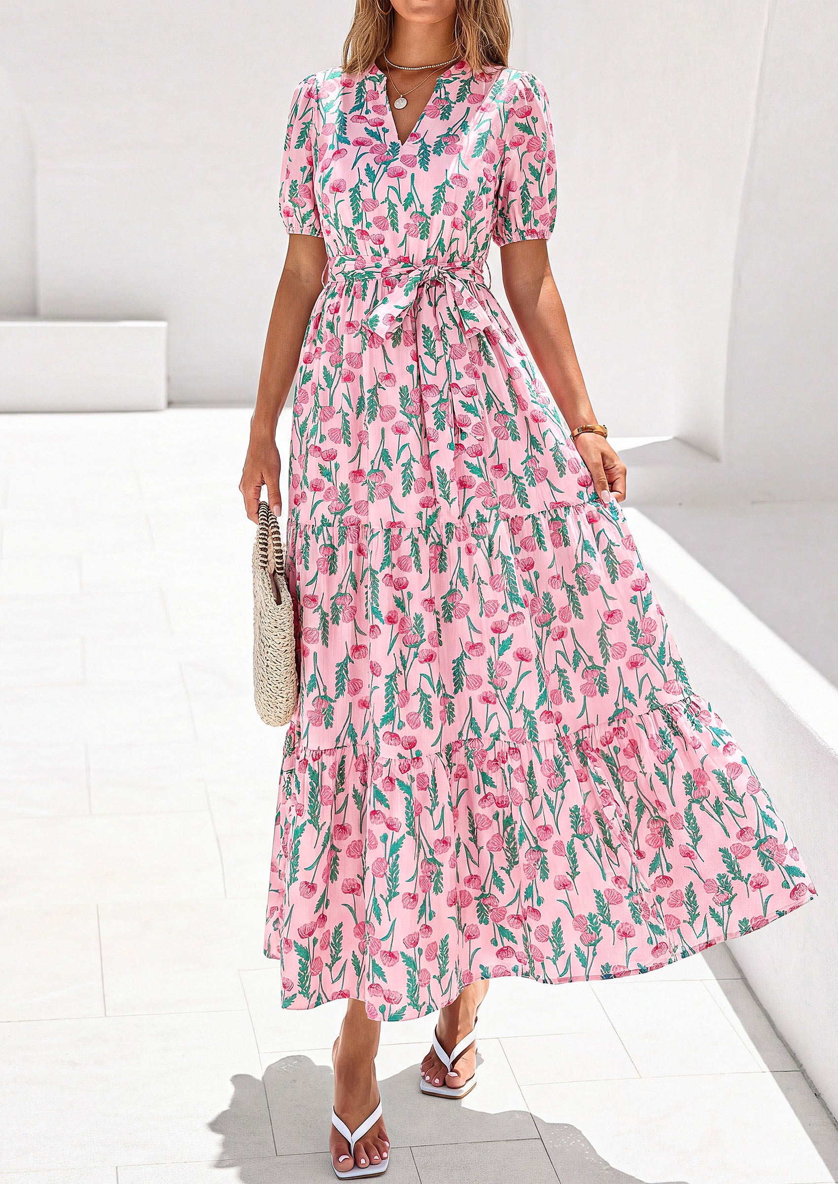 PRETTYGARDEN Women's Summer Maxi Dresses Boho Floral Short Sleeve V Neck Casual Wedding Guest 2026 Beach Vacation Outfits