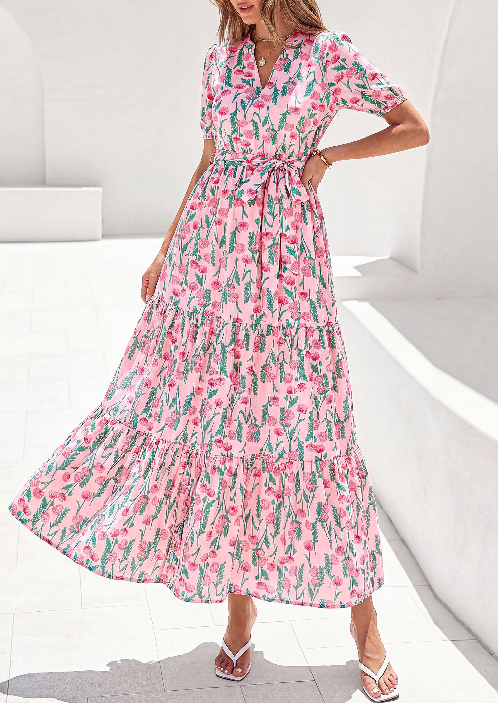 PRETTYGARDEN Women's Summer Maxi Dresses Boho Floral Short Sleeve V Neck Casual Wedding Guest 2026 Beach Vacation Outfits