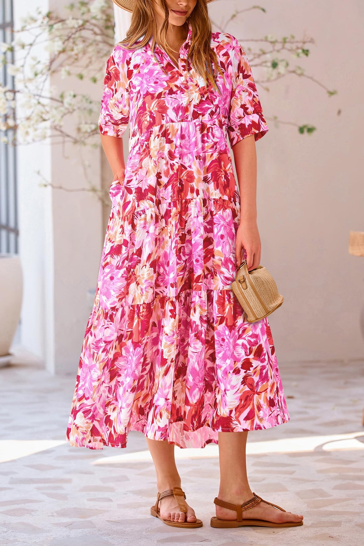 Button Up Ruffle A Line Flowy Maxi Dress