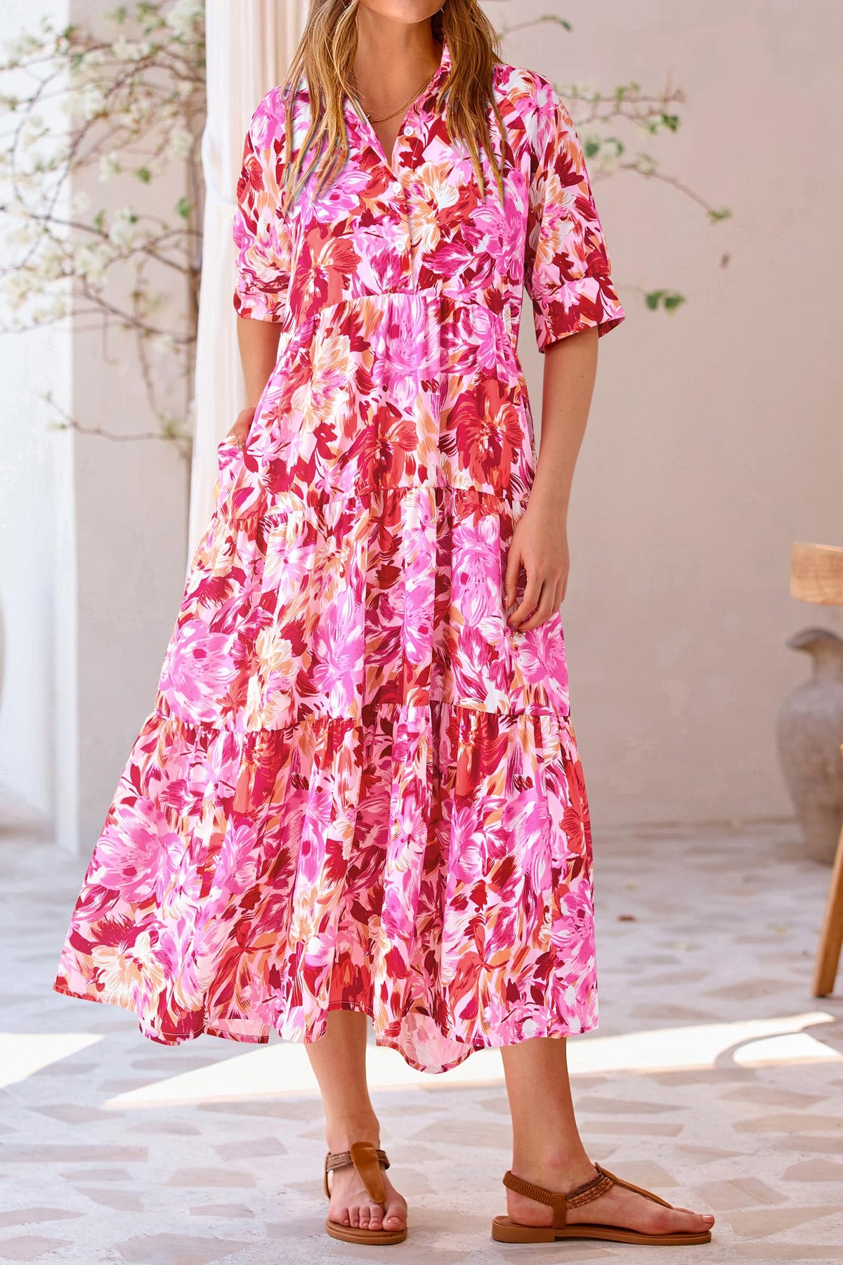 Button Up Ruffle A Line Flowy Maxi Dress