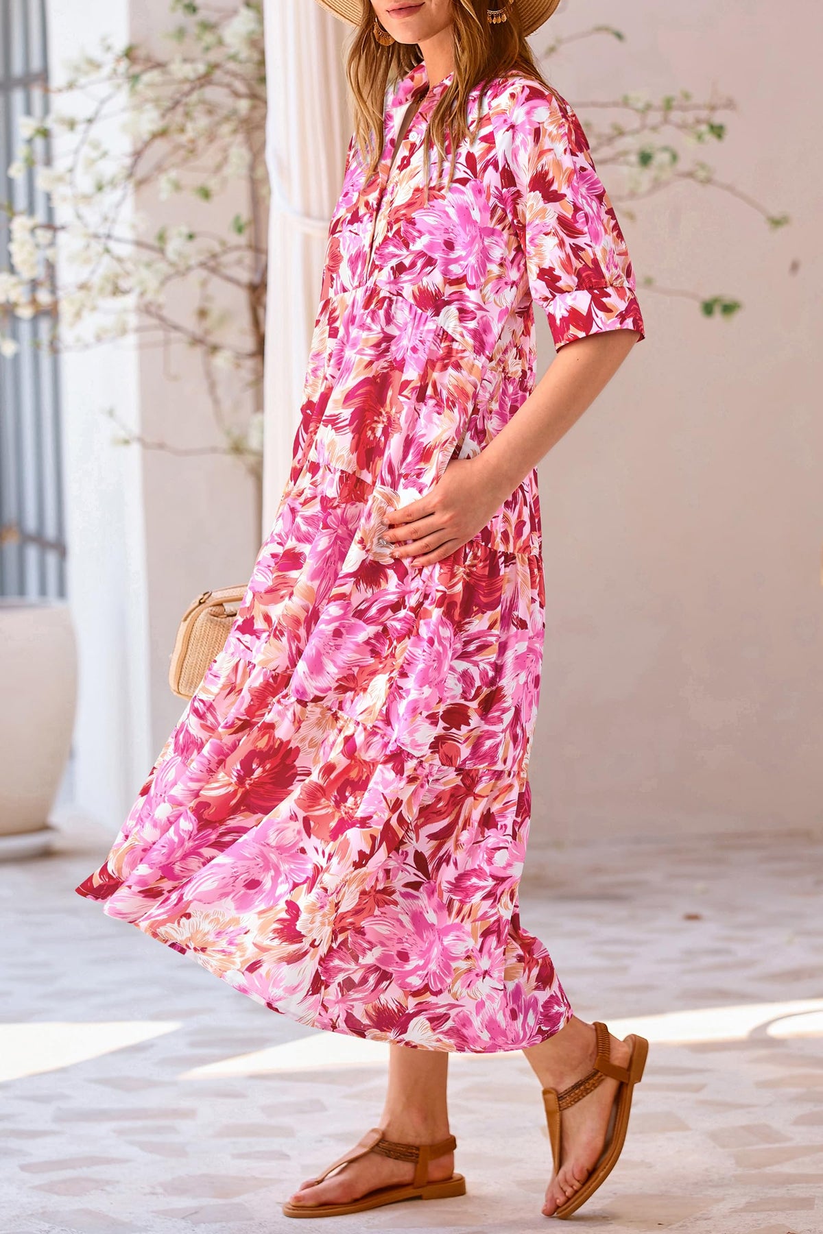 Button Up Ruffle A Line Flowy Maxi Dress