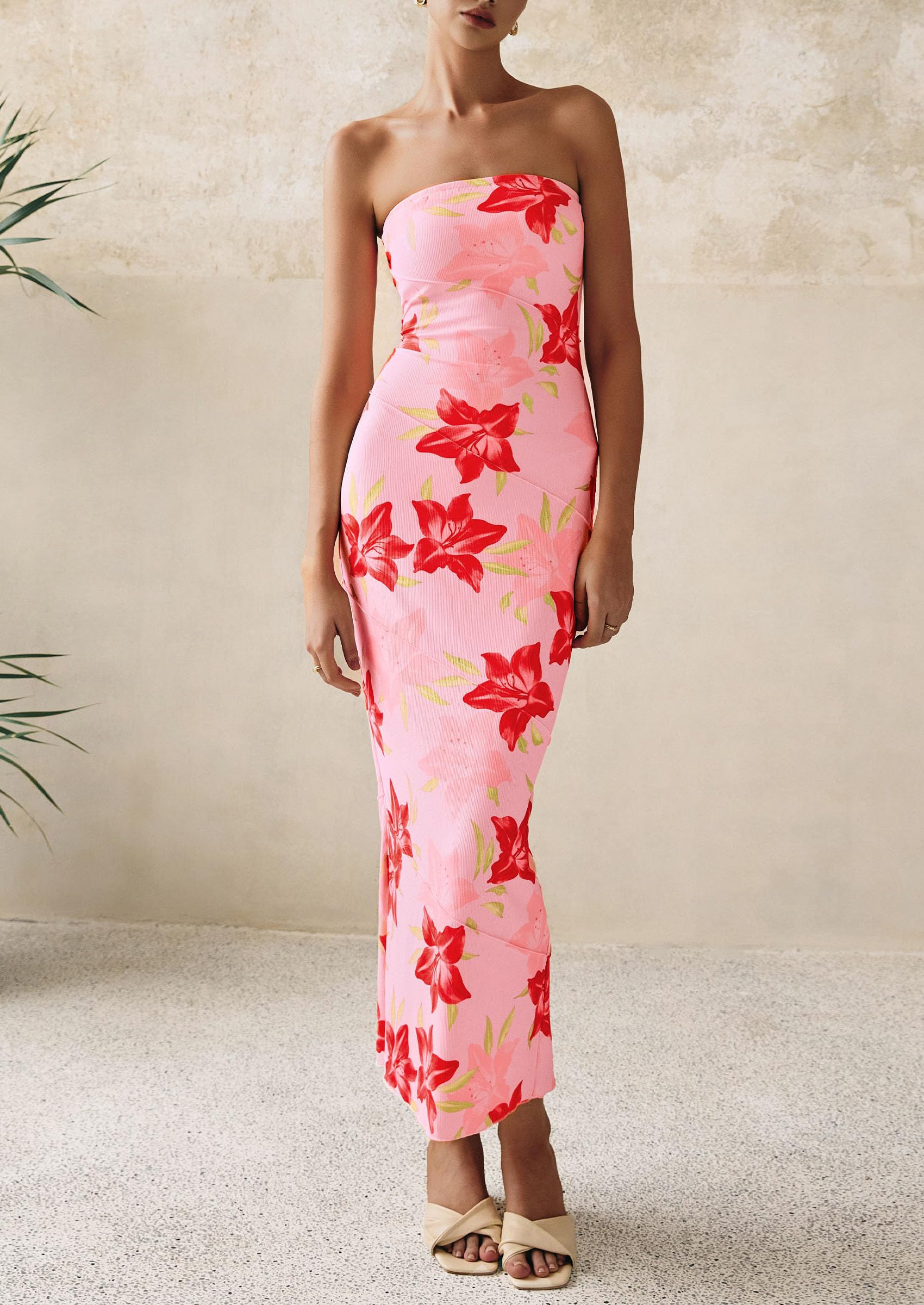 PRETTYGARDEN Women's Floral Bodycon Maxi Dresses Ribbed Strapless Tube Casual Boho Party Long Dress