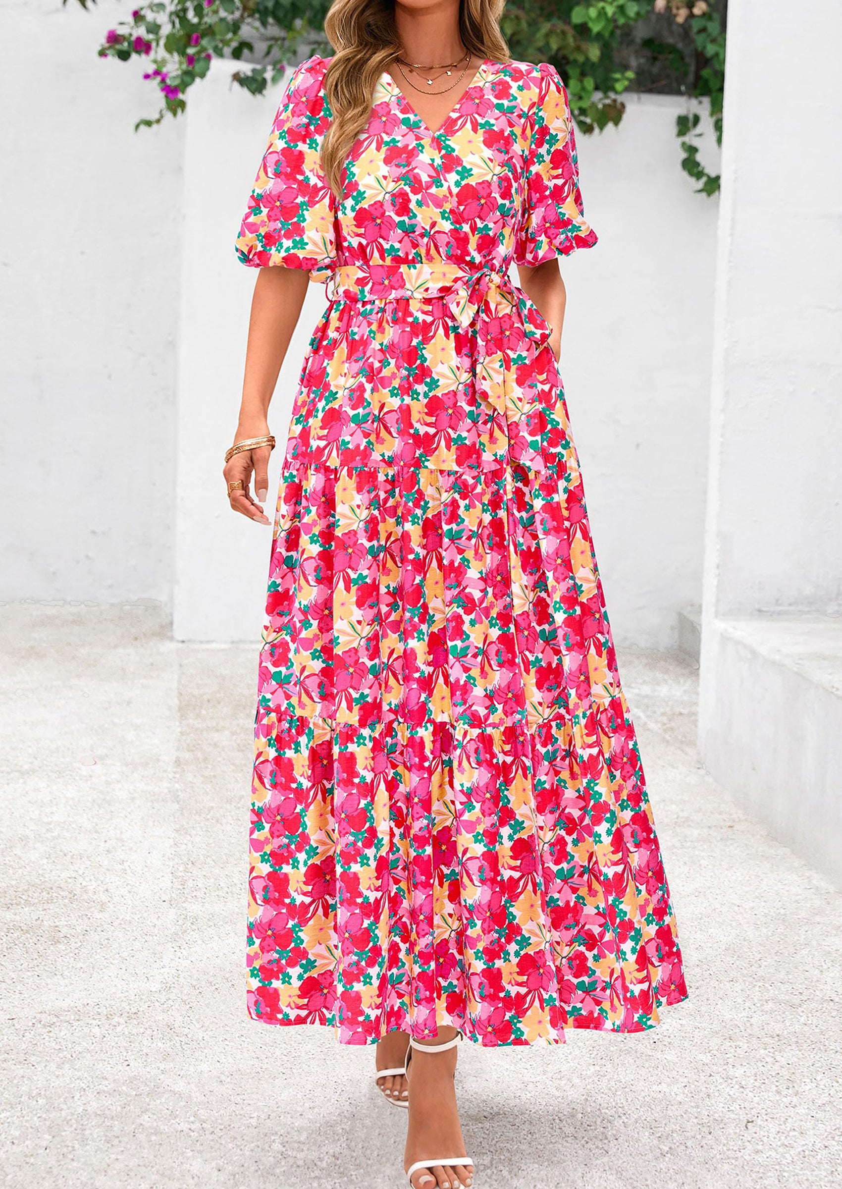 PRETTYGARDEN Women's Maxi Dress Resort Wear Boho Floral V Neck Puff Short Sleeve Ruffle Flowy Beach Long Dresses