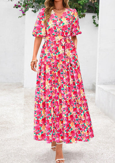 PRETTYGARDEN Women's Maxi Dress Resort Wear Boho Floral V Neck Puff Short Sleeve Ruffle Flowy Beach Long Dresses