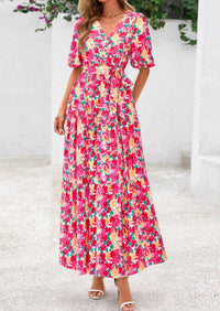 PRETTYGARDEN Women's Maxi Dress Resort Wear Boho Floral V Neck Puff Short Sleeve Ruffle Flowy Beach Long Dresses