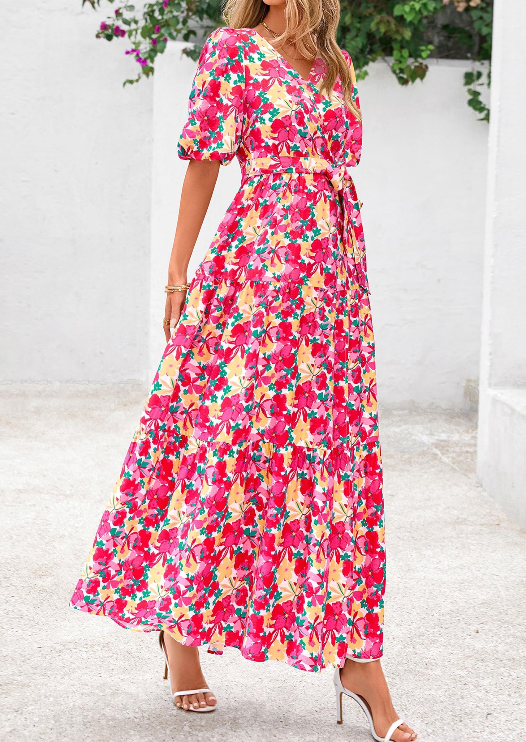 PRETTYGARDEN Women's Maxi Dress Resort Wear Boho Floral V Neck Puff Sh PRETTYGARDEN Women's Maxi Dress Resort Wear Boho Floral V Neck Puff Sh