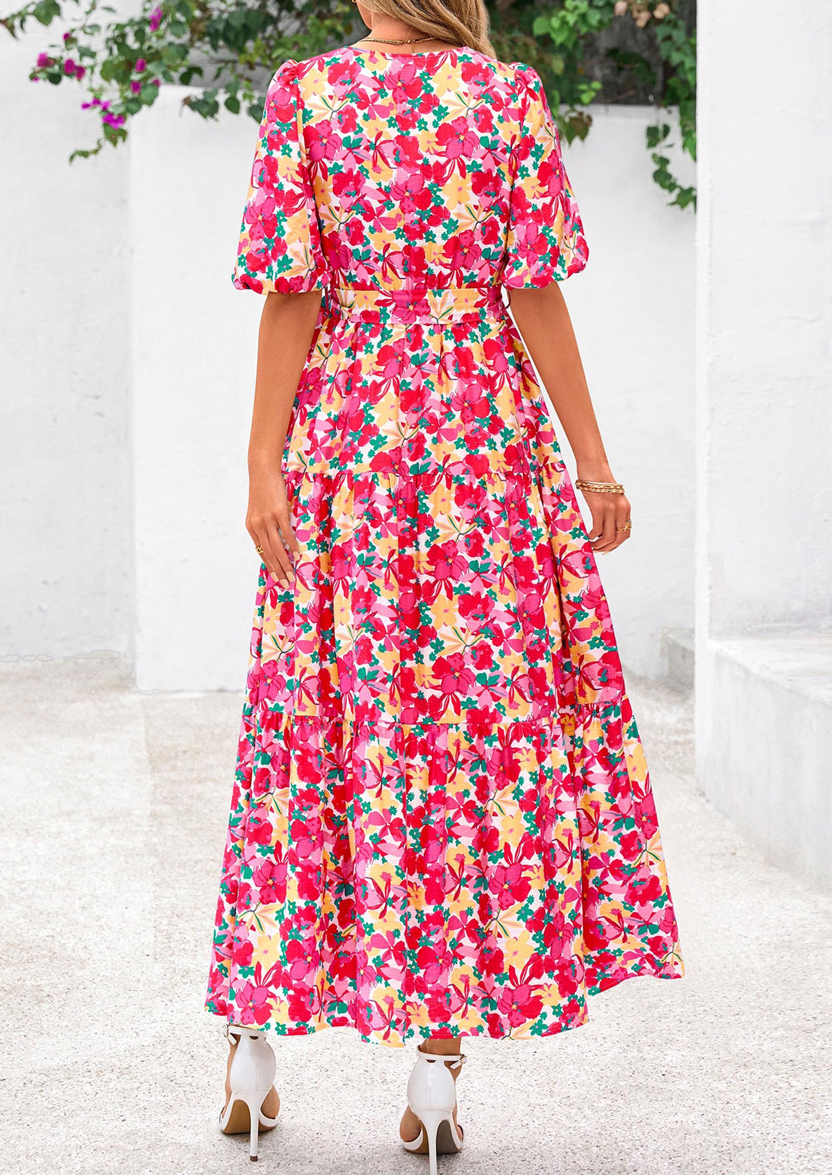 PRETTYGARDEN Women's Maxi Dress Resort Wear Boho Floral V Neck Puff Short Sleeve Ruffle Flowy Beach Long Dresses