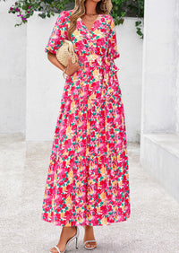 PRETTYGARDEN Women's Maxi Dress Resort Wear Boho Floral V Neck Puff Short Sleeve Ruffle Flowy Beach Long Dresses