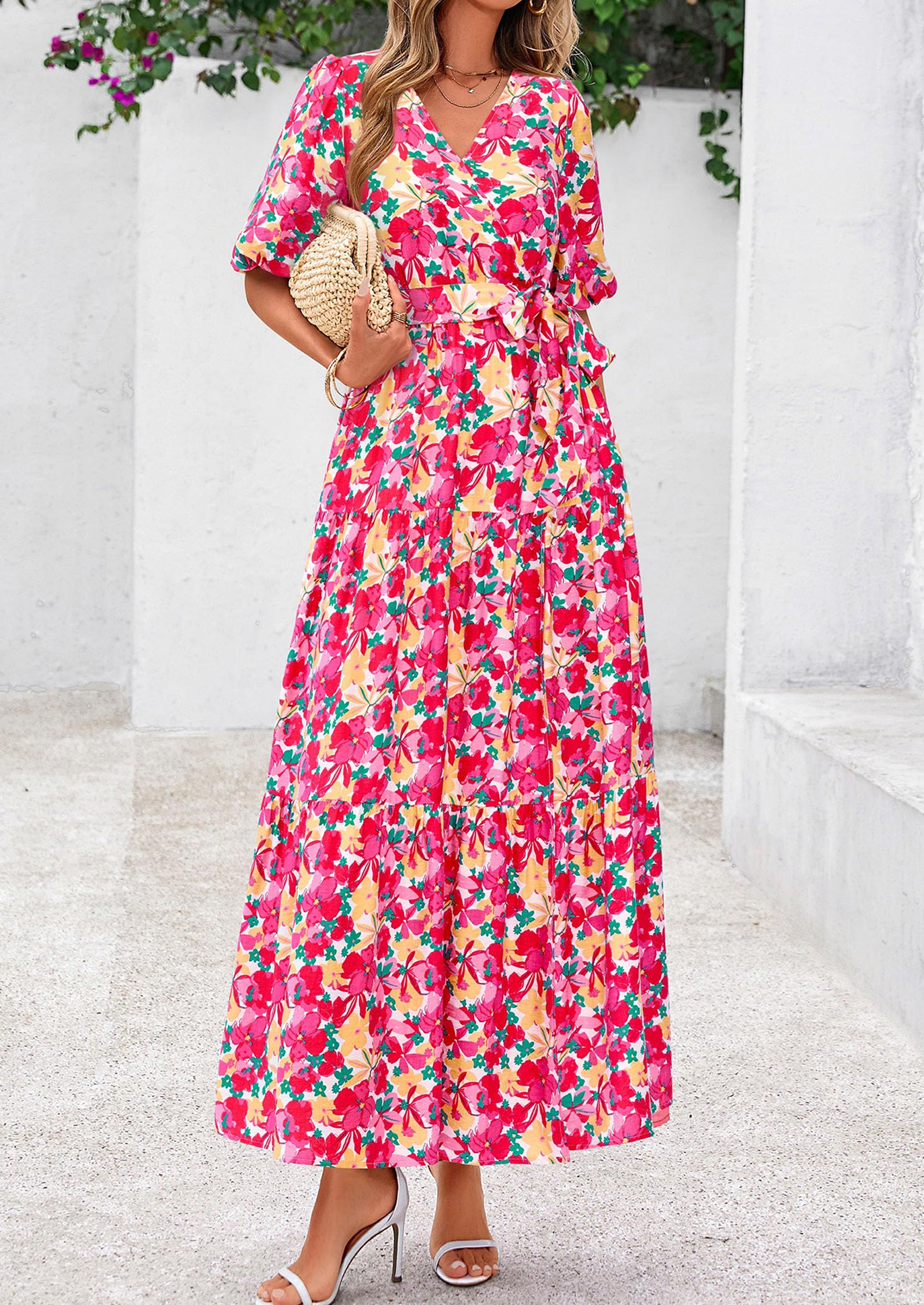 PRETTYGARDEN Women's Maxi Dress Resort Wear Boho Floral V Neck Puff Short Sleeve Ruffle Flowy Beach Long Dresses