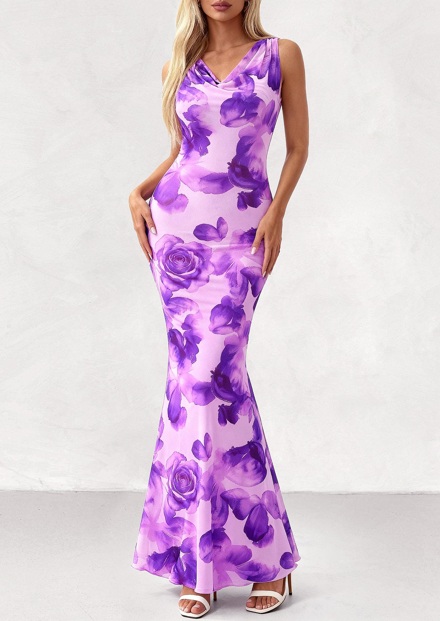 PRETTYGARDEN Women's Summer Cowl Neck Floral Maxi Dress Sleeveless Bodycon Beach Vacation Long Party Wedding Guest Dresses PRETTYGARDEN