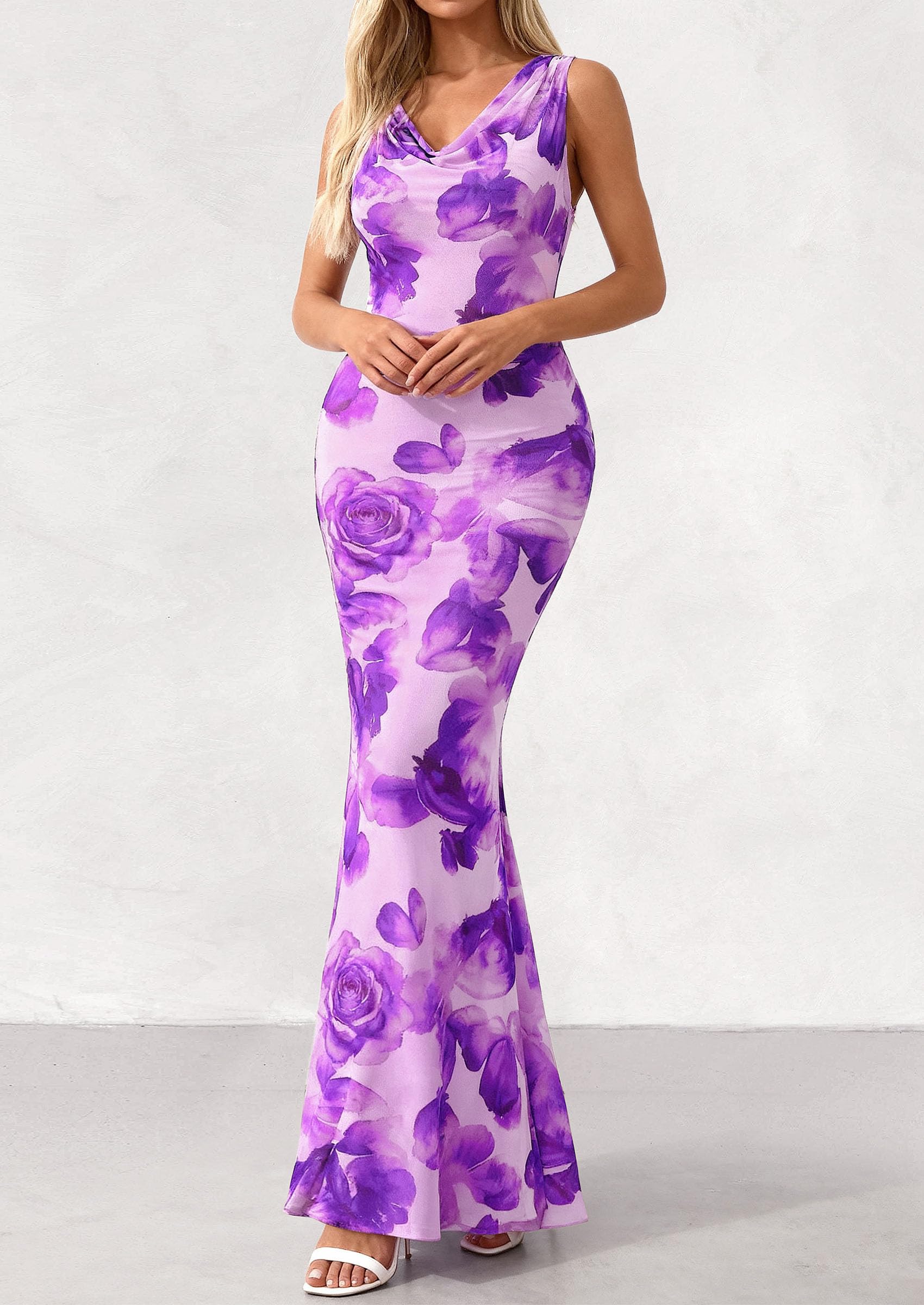 PRETTYGARDEN Women's Summer Cowl Neck Floral Maxi Dress Sleeveless Bodycon Beach Vacation Long Party Wedding Guest Dresses PRETTYGARDEN