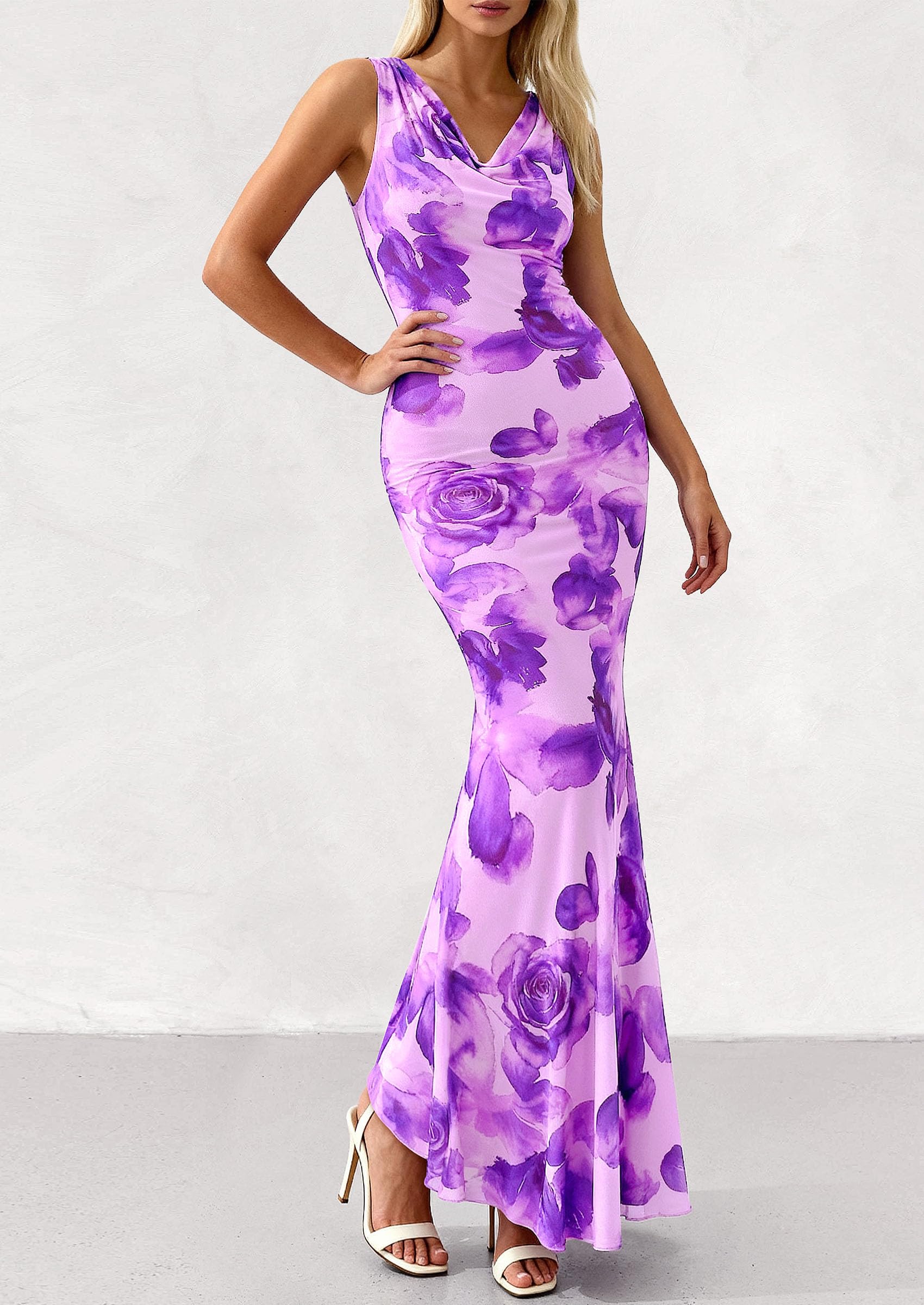 PRETTYGARDEN Women's Summer Cowl Neck Floral Maxi Dress Sleeveless Bodycon Beach Vacation Long Party Wedding Guest Dresses PRETTYGARDEN