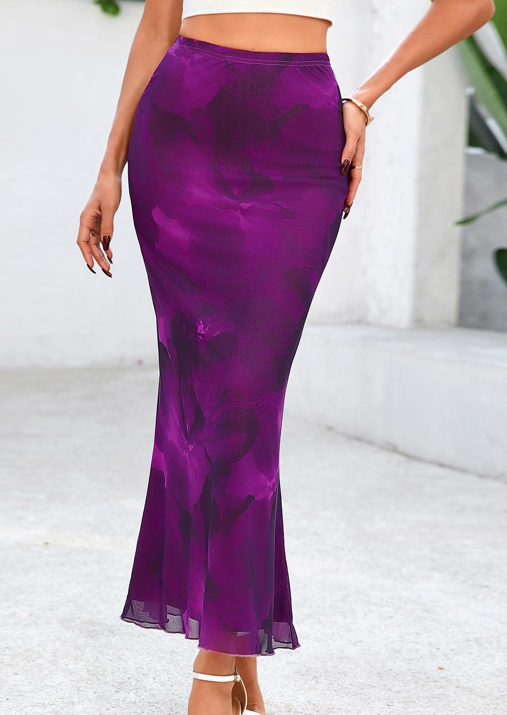 PRETTYGARDEN Women's Floral Print Mesh Long Skirt High Waisted Bodycon Fishtail Flowy Summer Maxi Skirts for Women Trendy