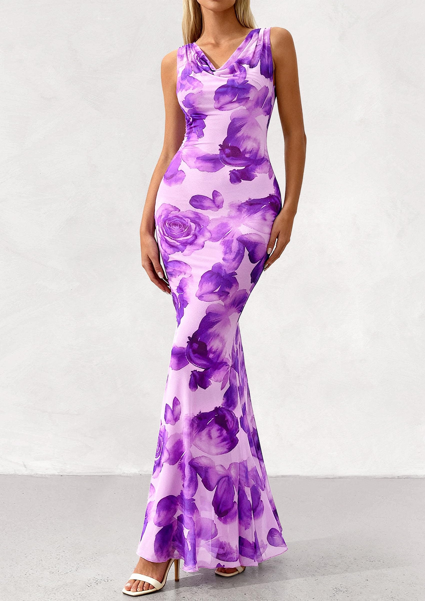 PRETTYGARDEN Women's Summer Cowl Neck Floral Maxi Dress Sleeveless Bodycon Beach Vacation Long Party Wedding Guest Dresses PRETTYGARDEN